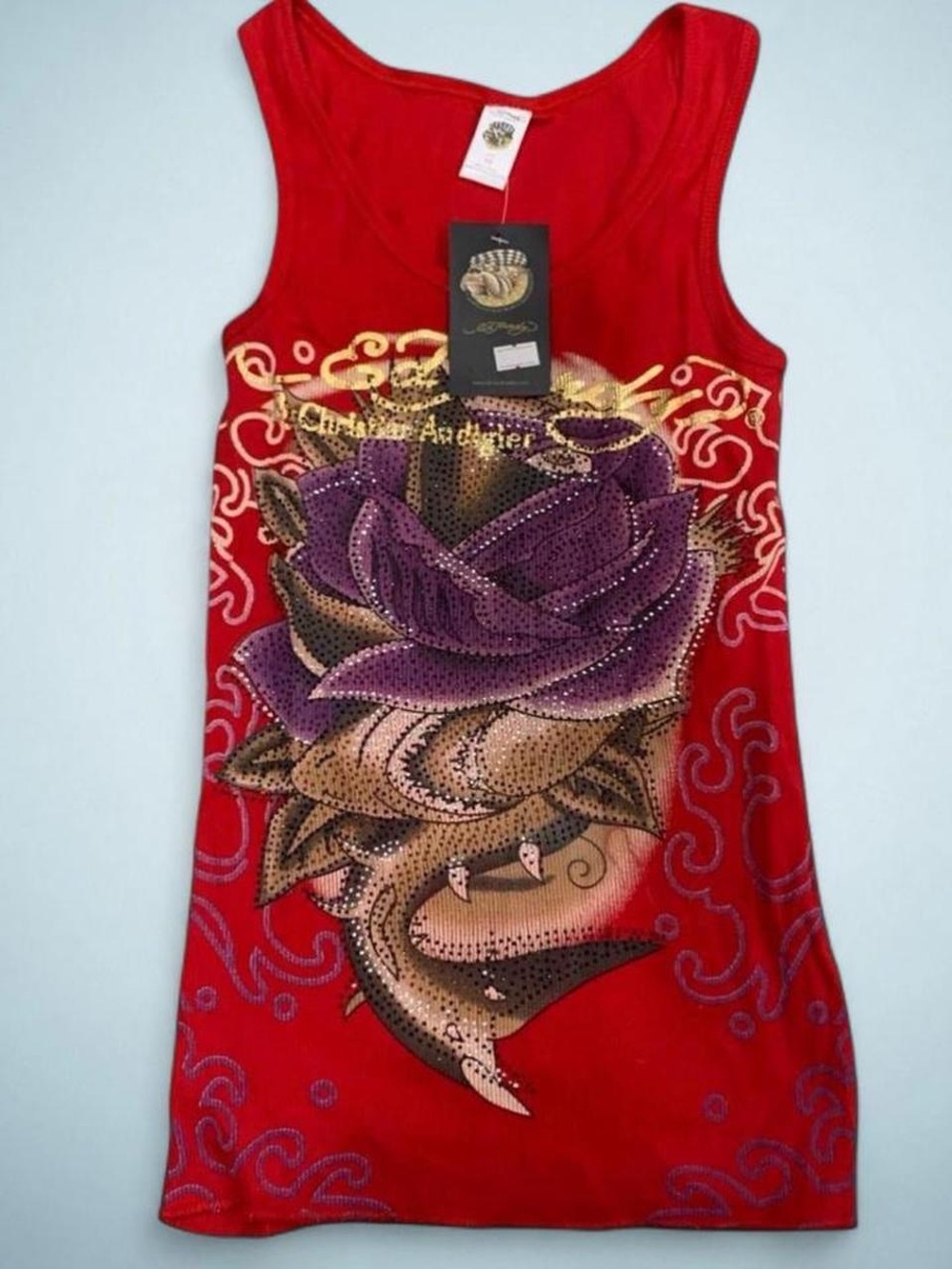 2000’s Ed Hardy x Christian Audigier Rhinestone Thorned Rose Red Tank